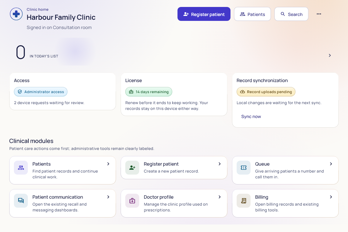 ClinicCore clinic home showing patient, queue, communication and billing modules with sample data