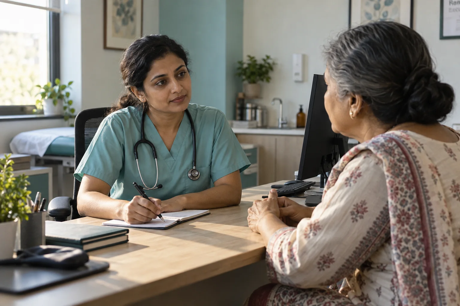 A doctor listening to a patient in a sunlit clinic