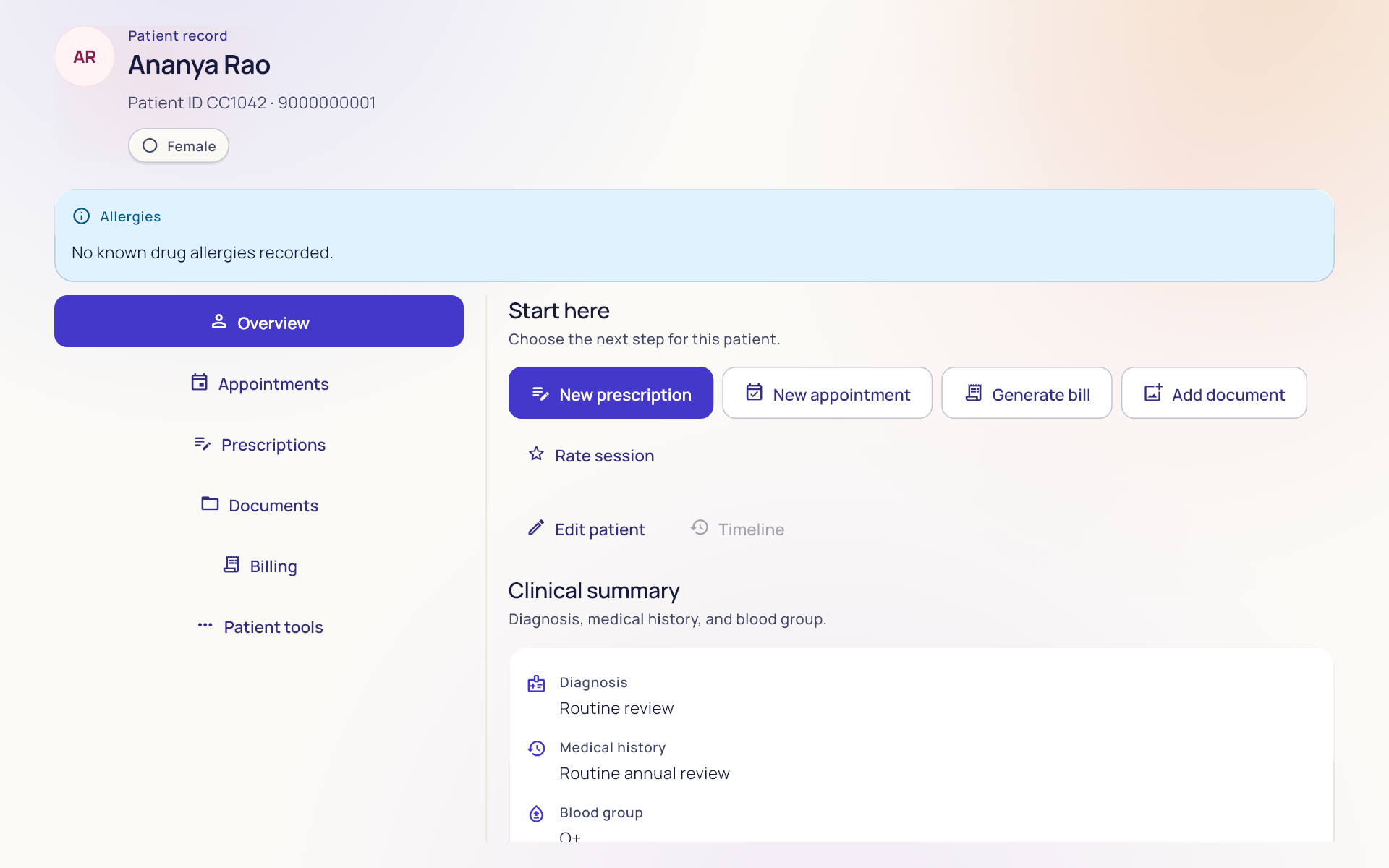 The real ClinicCore patient record interface on Windows